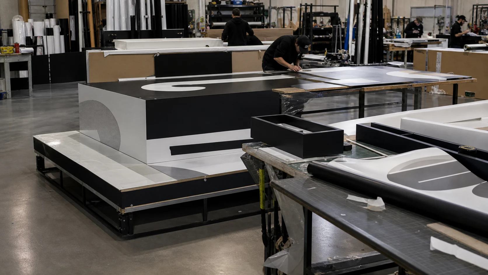 Taller de producción de gran formato con plataformas, gráficas y acabados para campañas comerciales