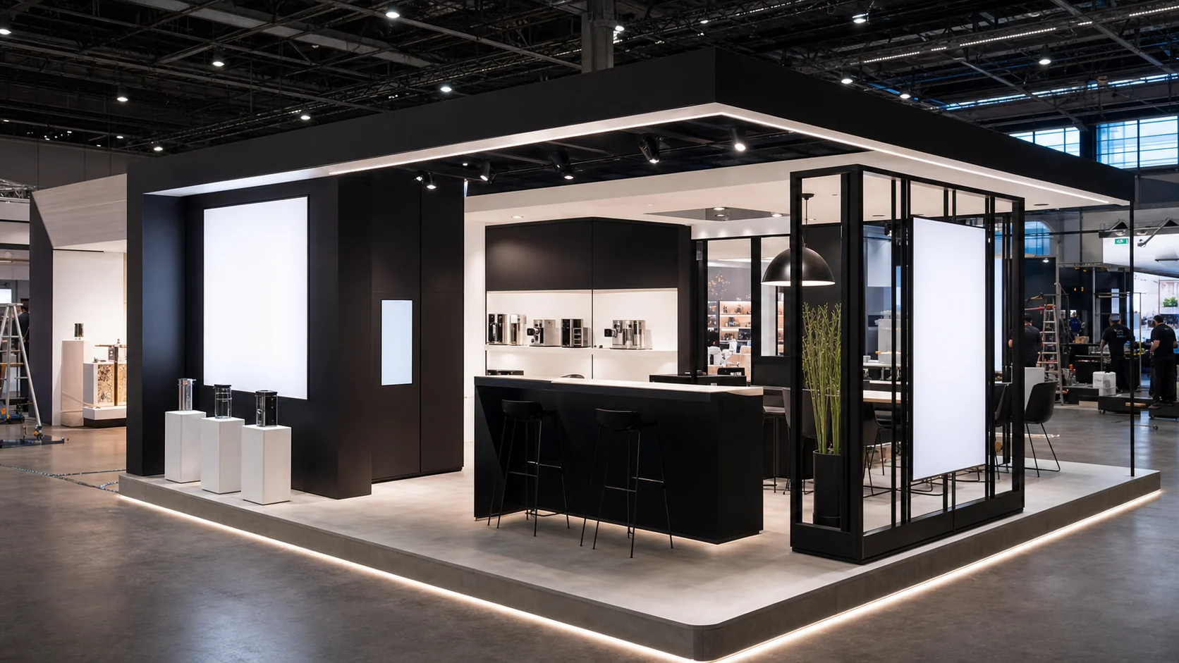 Stand ferial contemporáneo en blanco y negro con iluminación de acento y mobiliario de exhibición